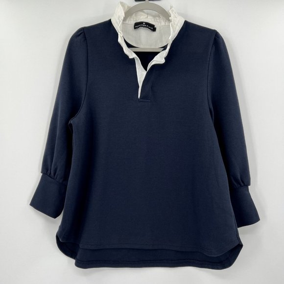 Pomander Place Tuckernuck Charlotte Terry Top Navy Blue Ruffle Collar Blouse S - Picture 1 of 4